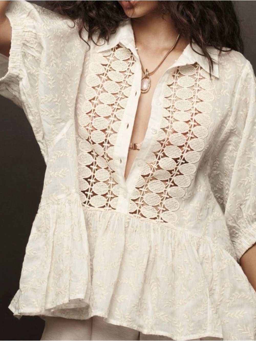 Anthropologie Cream Lace-Placket Babydoll Blouse